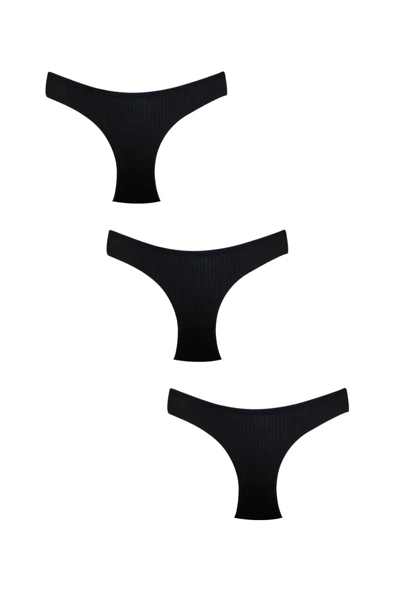 3'lü Pamuklu Kabartmalı Ribana Külot | Siyah 0385