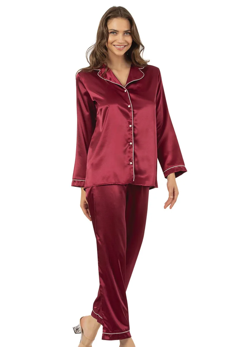 Biyeli Uzun Kol Saten Önden Düğmeli Pijama Takımı | Bordo 7647