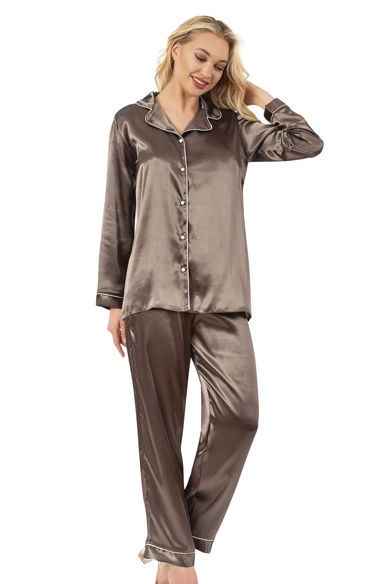 Biyeli Uzun Kol Saten Önden Düğmeli Pijama Takımı | Haki 7647