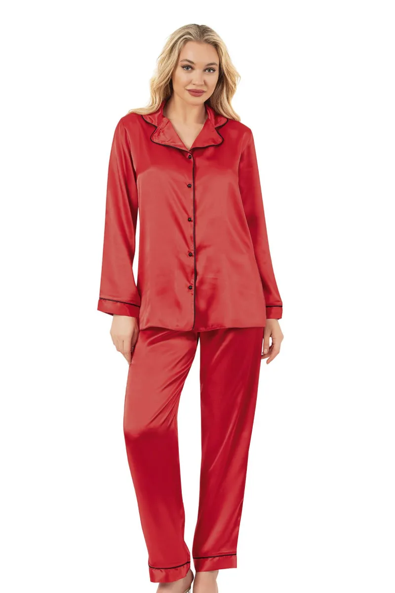 Biyeli Uzun Kol Saten Önden Düğmeli Pijama Takımı | Kırmızı 7647
