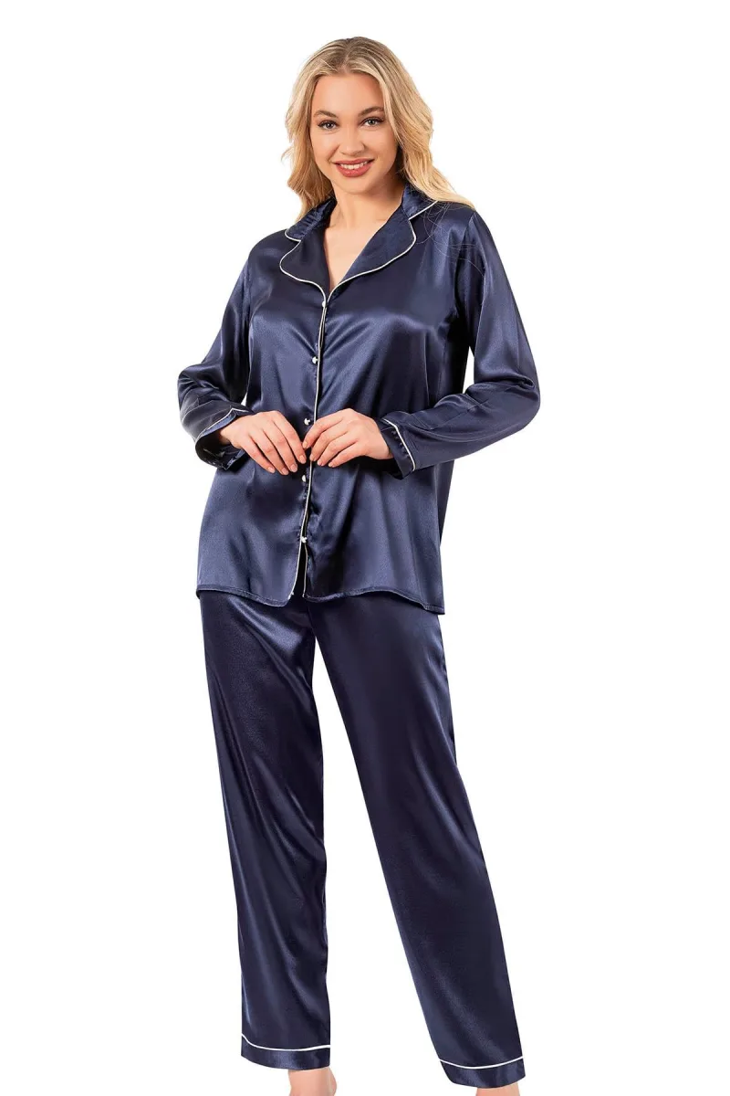 Biyeli Uzun Kol Saten Önden Düğmeli Pijama Takımı | Lacivert  7647