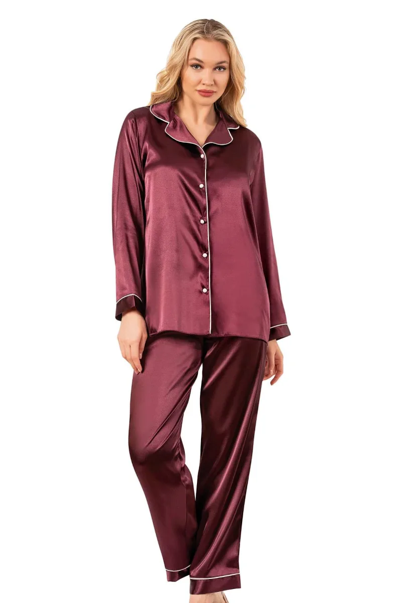 Biyeli Uzun Kol Saten Önden Düğmeli Pijama Takımı | Mürdüm 7647