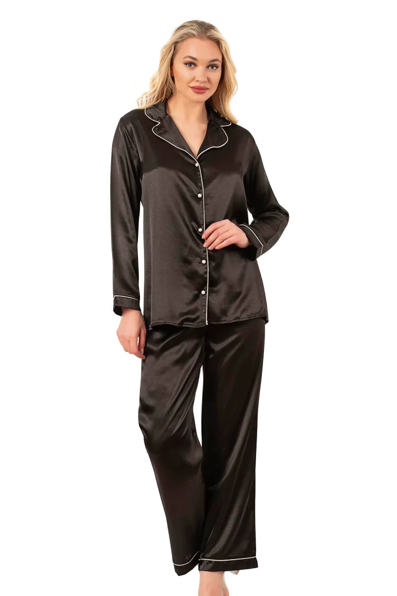 Biyeli Uzun Kol Saten Önden Düğmeli Pijama Takımı | Siyah 7647