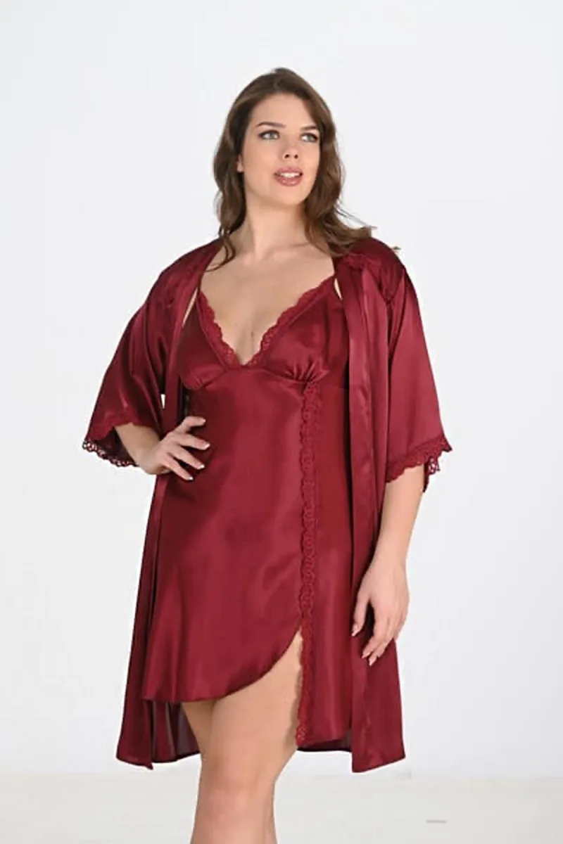 Büyük Beden Dantel Detaylı Kısa Gecelik Sabahlık Takım | Bordo 6202