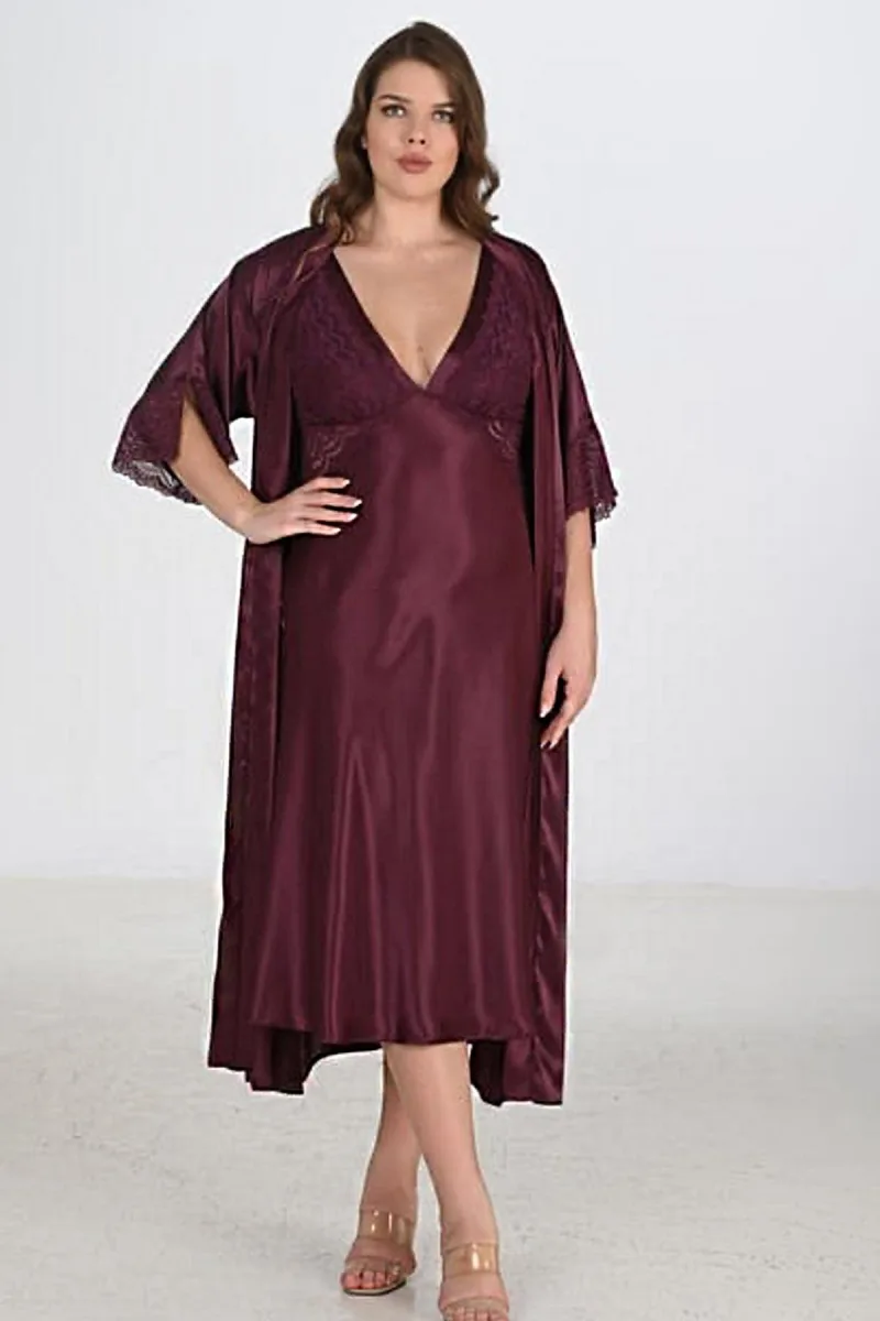 Büyük Beden Dantel Detaylı Uzun Gecelik Sabahlık Takım | Mürdüm 6223