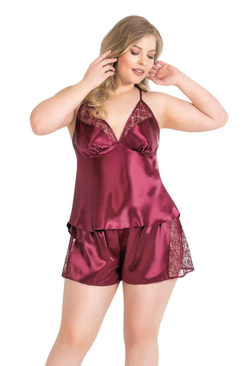 Büyük Beden Saten Babydoll Şort Takım | Bordo 1059