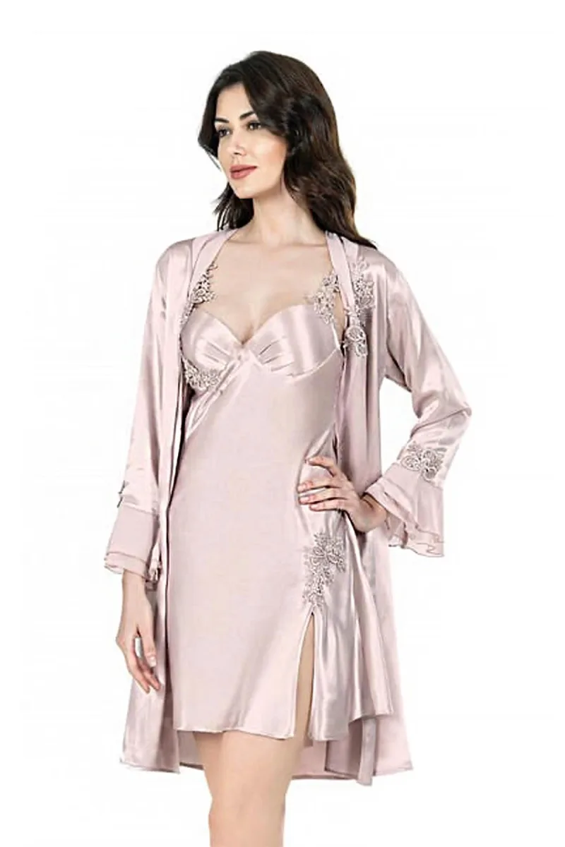 Dantel Aplikeli Saten Kısa Gecelik Sabahlık Takım | Pudra 7623