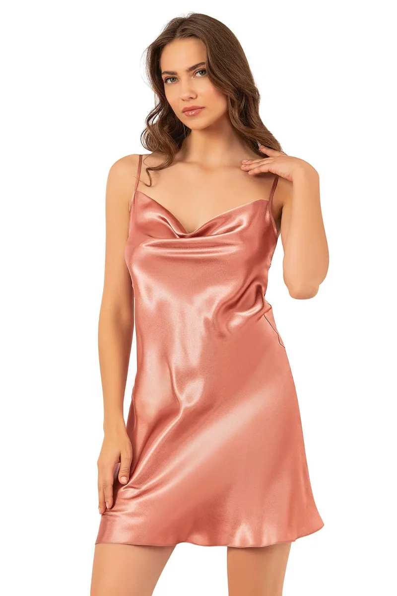 Degaje Yaka Bakır Kısa Gecelik