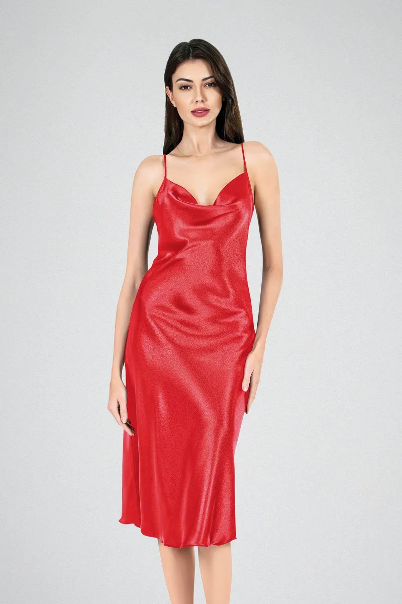 Degaje Yaka Saten Uzun Gecelik | Kırmızı 7741