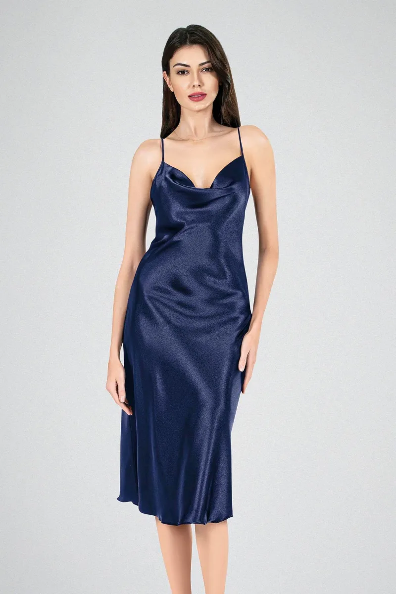 Degaje Yaka Saten Uzun Gecelik | Lacivert 7741