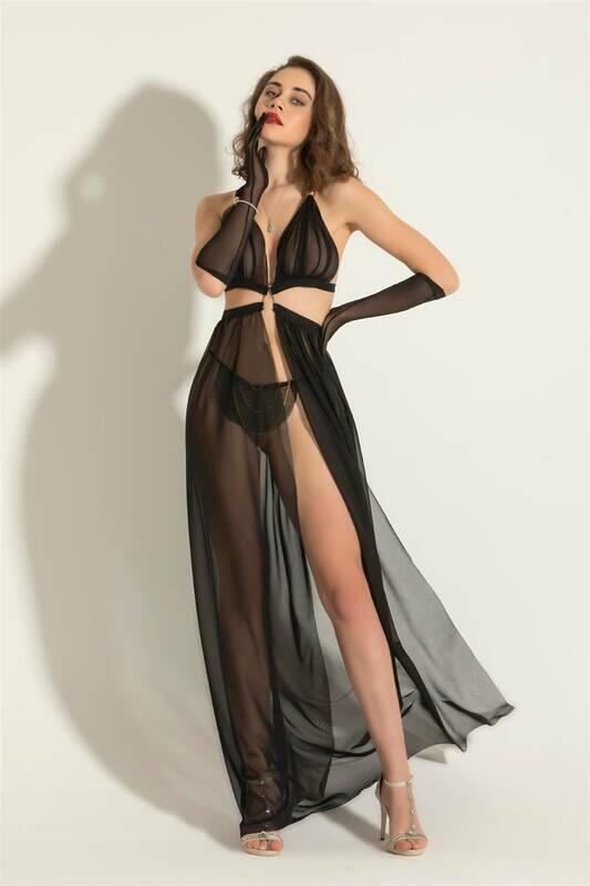 Gallipoli Fantezi Transparan Elbise String Takım Siyah Şeffaf Detaylı Gece Kıyafeti
