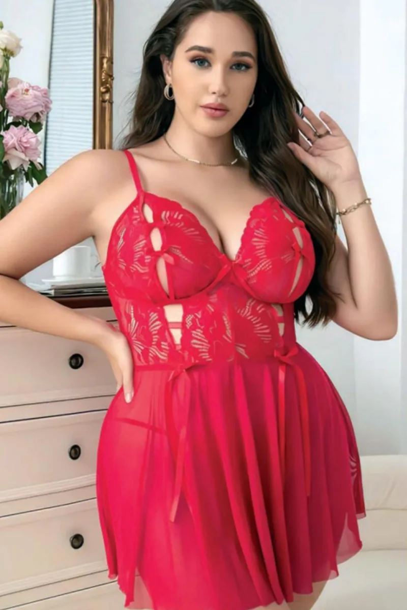 Fiyonk Detay Büyük Beden Fantezi Gecelik | Kırmızı  3628