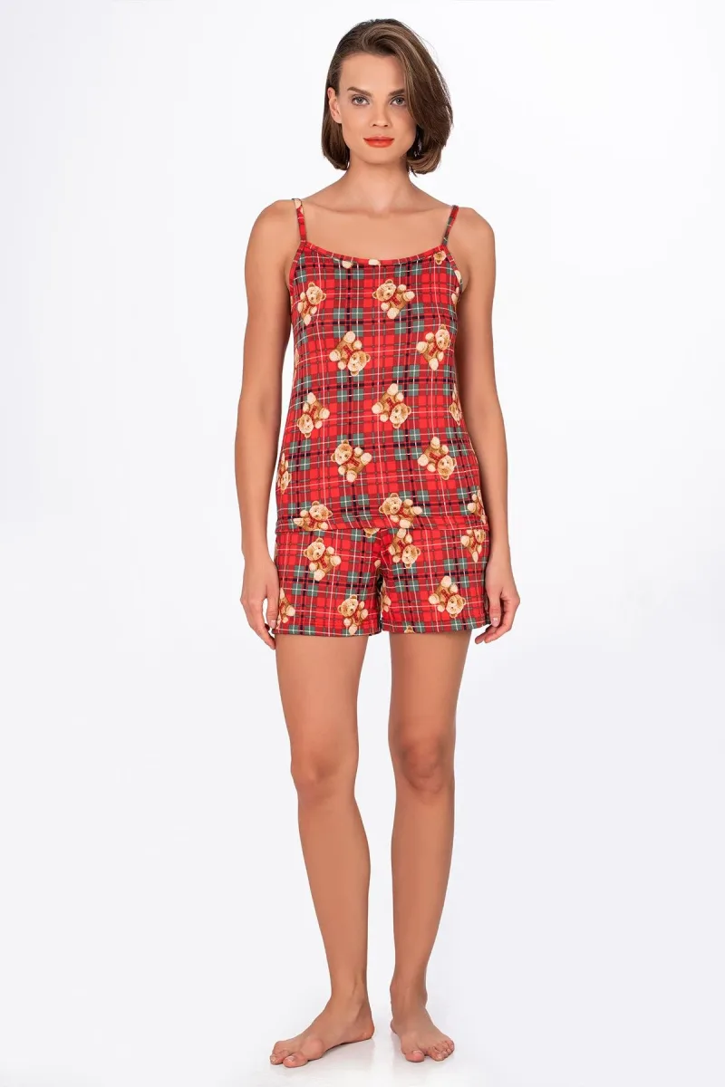 Kadın Ayıcık Desenli İp Askılı Şortlu Pijama Takımı