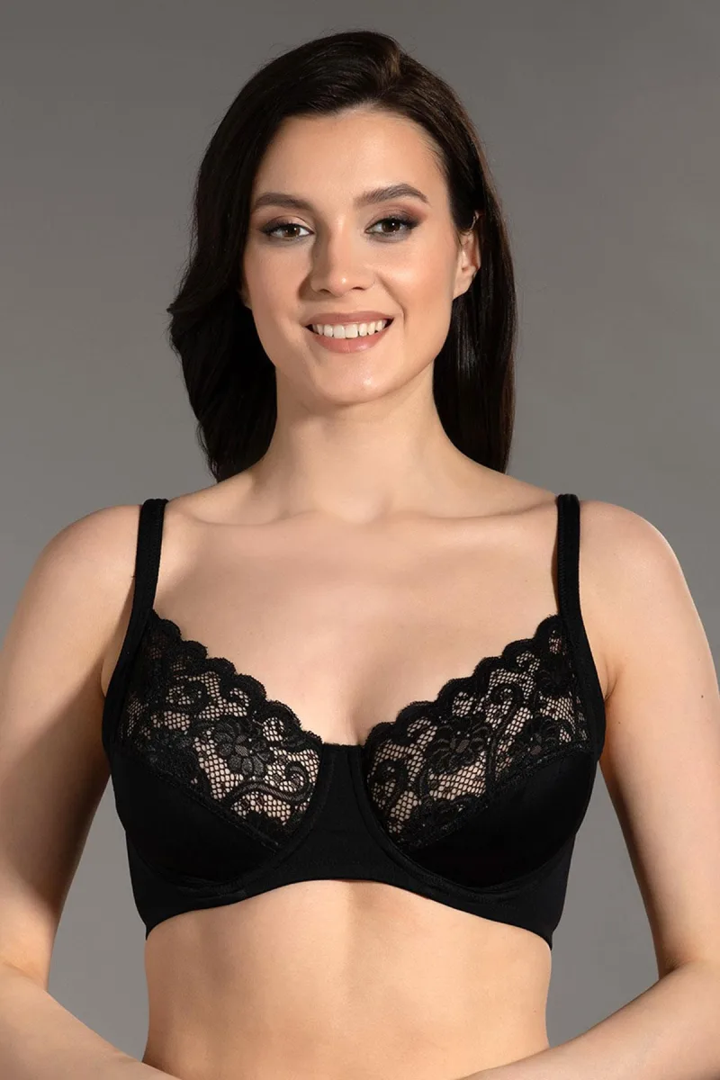 Kadın C Kap Balenli Toparlayıcı Dantelli Sütyen | Siyah 6000