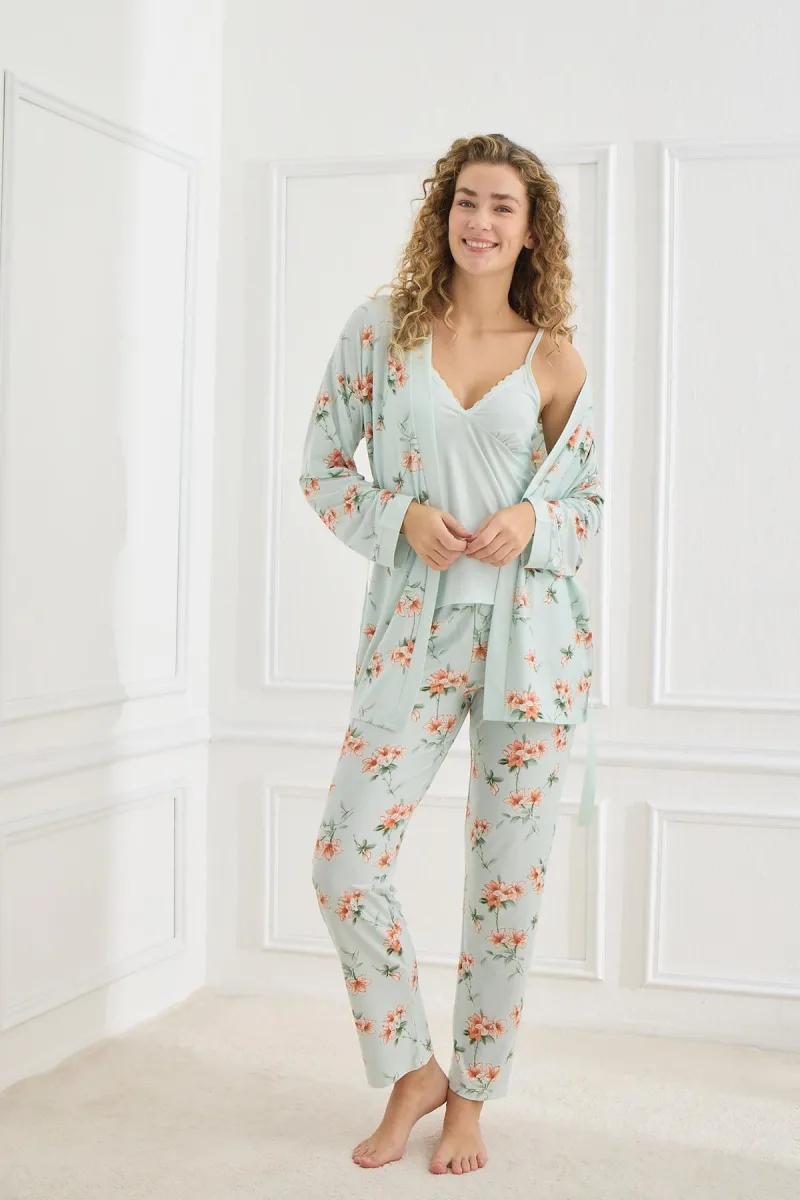 Kadın Çiçek Desenli İp Askılı Sabahlıklı 3'lü Pijama Takım | Mint 30201-948