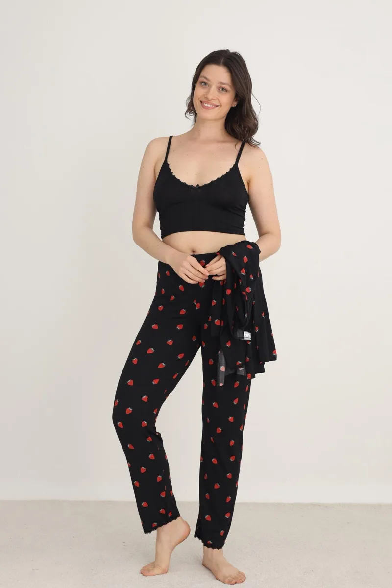 Kadın Çilek Desenli İp Askılı Sabahlıklı 3'lü Pijama Takım | Siyah 80710-889