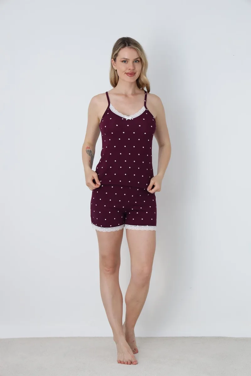 Kadın Dantel Detay Puantiye Desen İp Askılı Şort Takım | Mürdüm 50115-398