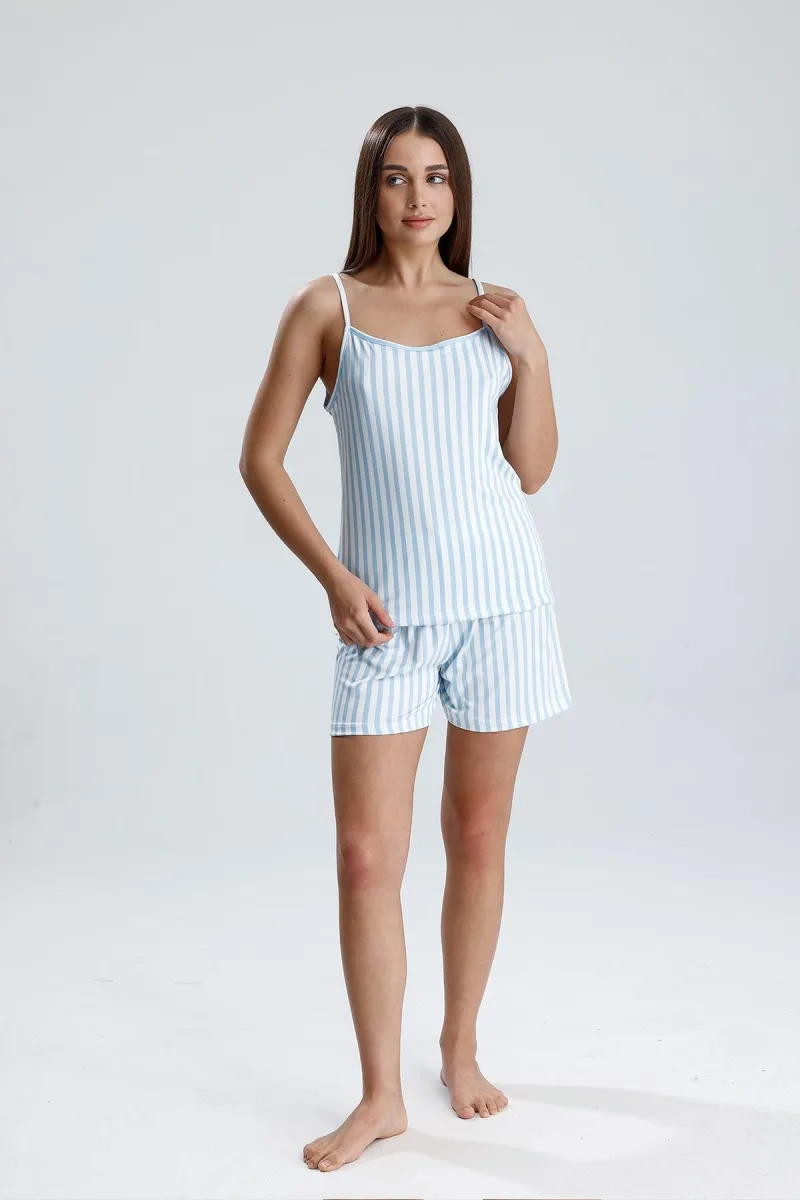 Kadın Dikey Çizgili İp Askılı Mini Şort Takım