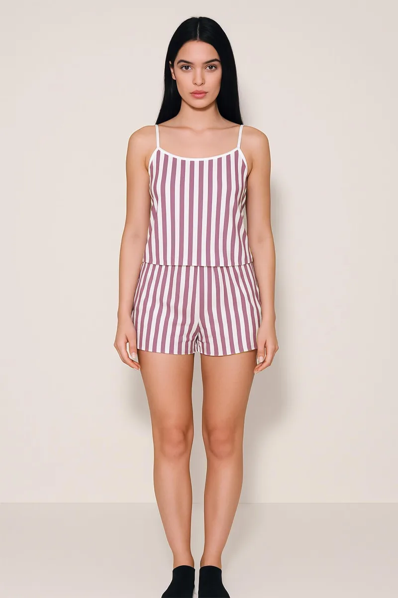 Kadın Dikey Çizgili İp Askılı Mini Şort Takım