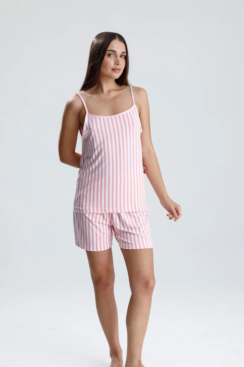 Kadın Dikey Çizgili İp Askılı Mini Şort Takım