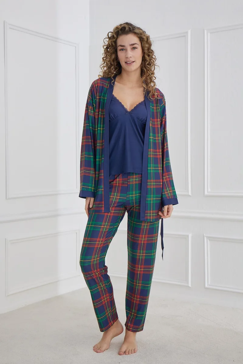 Kadın Ekose Desenli İp Askılı Sabahlıklı 3'lü Pijama Takım | Lacivert 30201-966