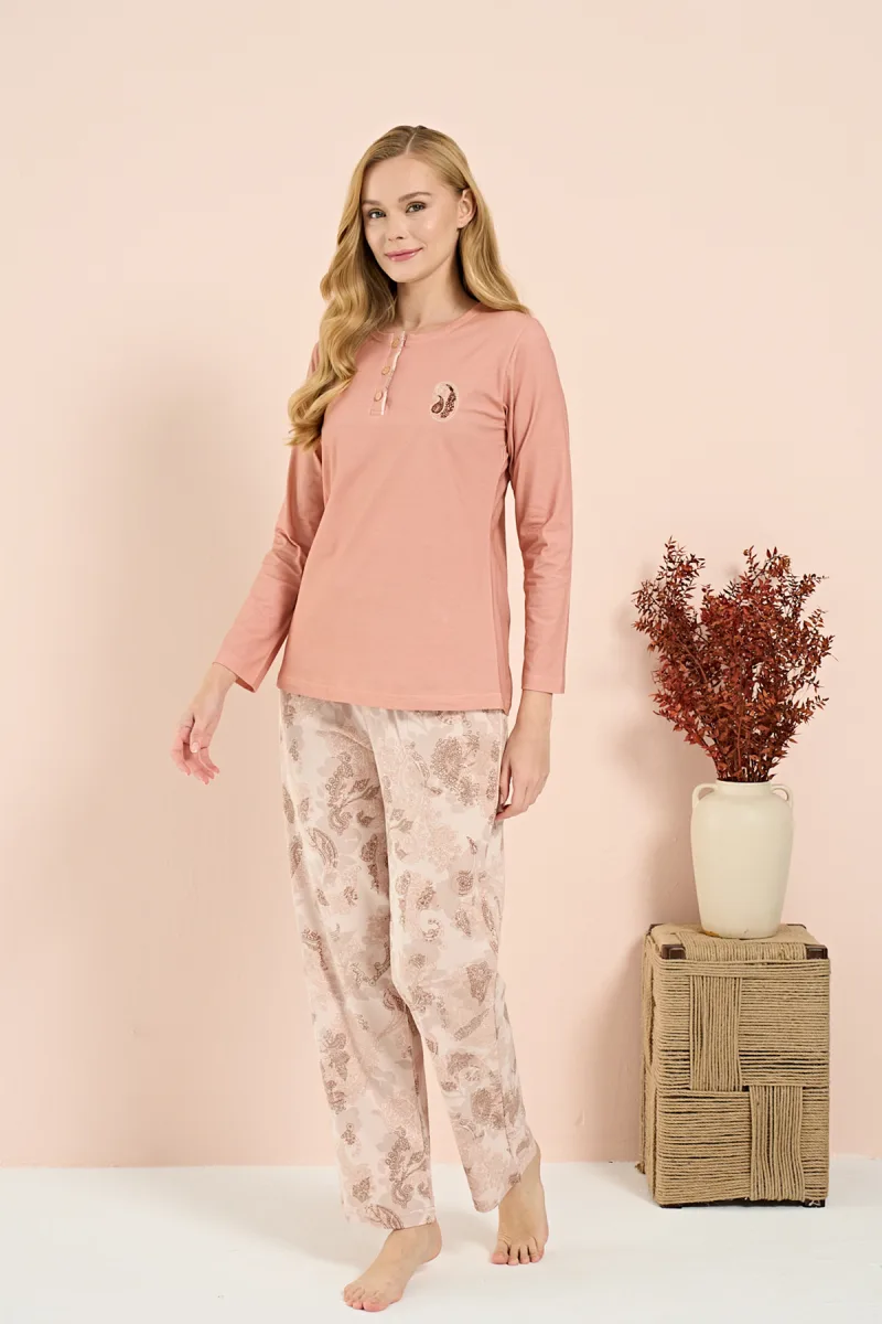 Kadın İnterlok Battal Önü Patlı Pijama Takım | Somon 3213