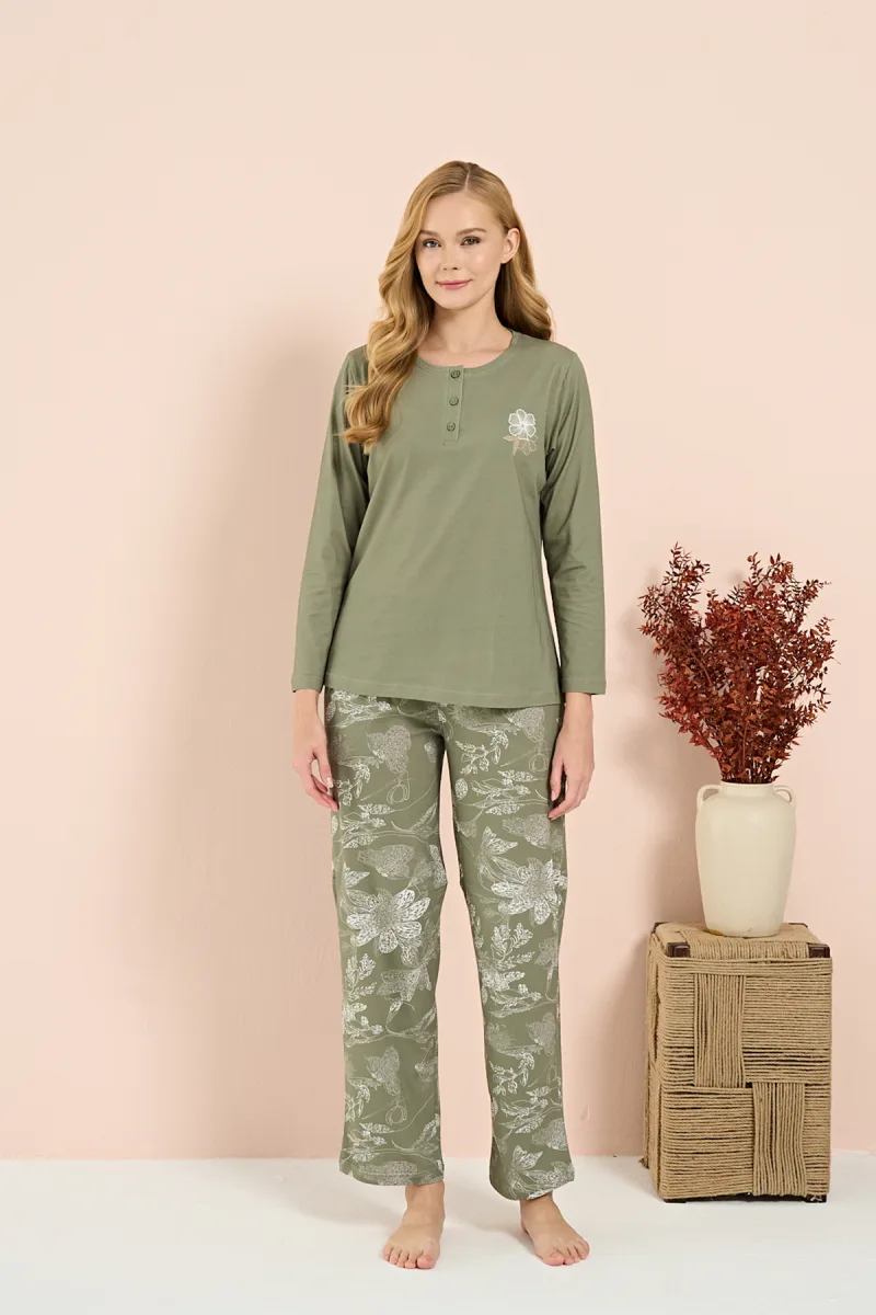 Kadın İnterlok Battal Önü Patlı Pijama Takım | Yeşil 3206