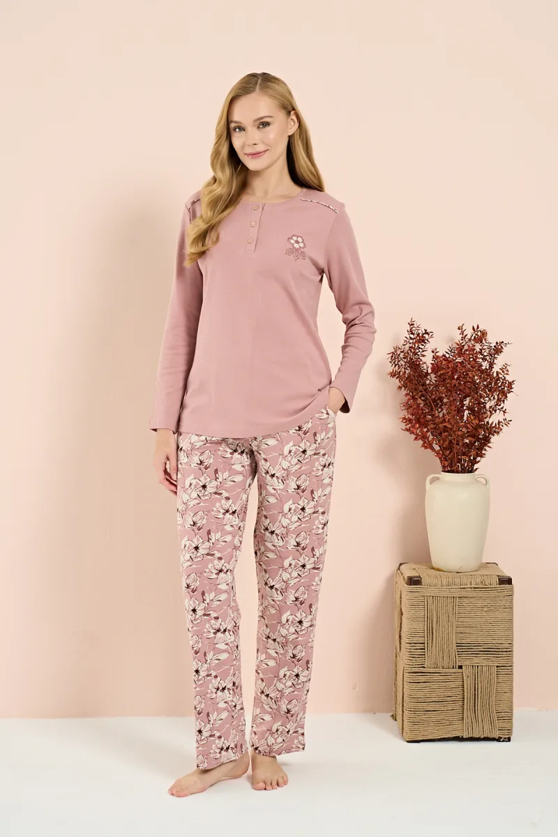 Kadın İnterlok Genç Desenli Önü Patlı Pijama Takım | Gül Kurusu 3209
