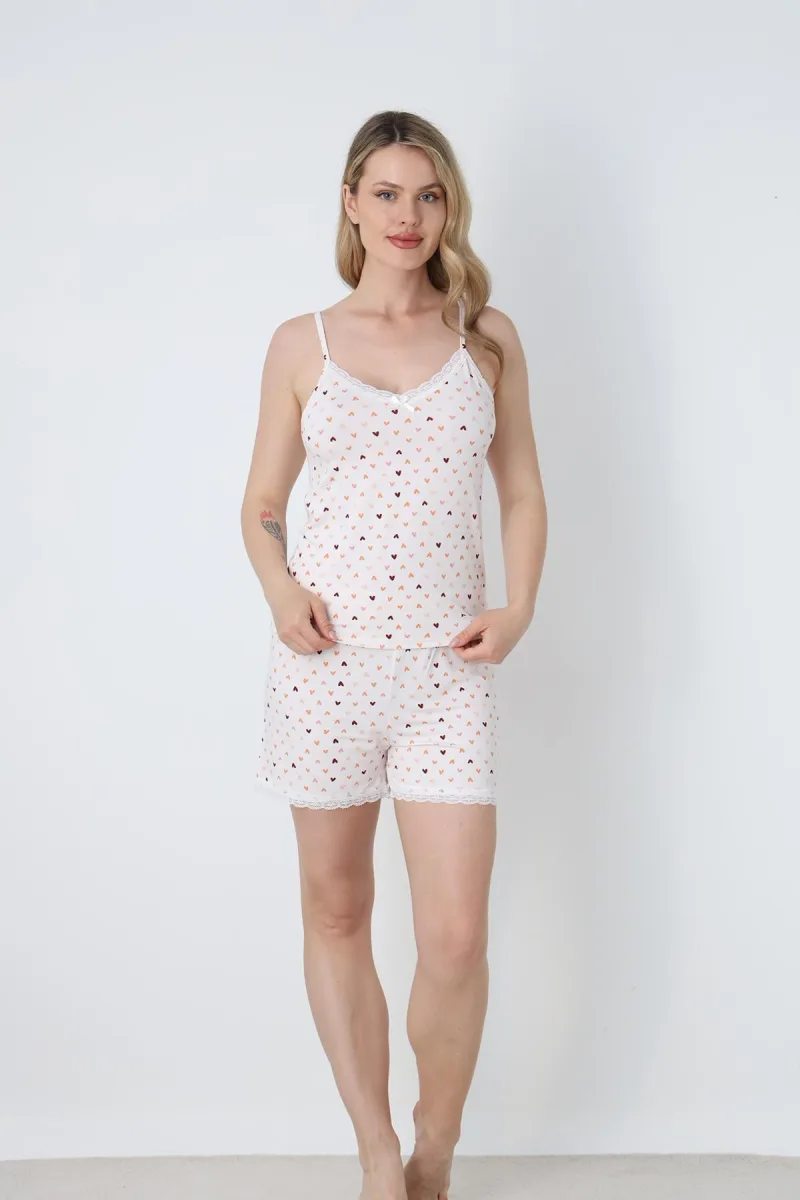 Kadın Kalp Desenli Dantel Detay İp Askılı Şort Takım | Ekru 50115-1442