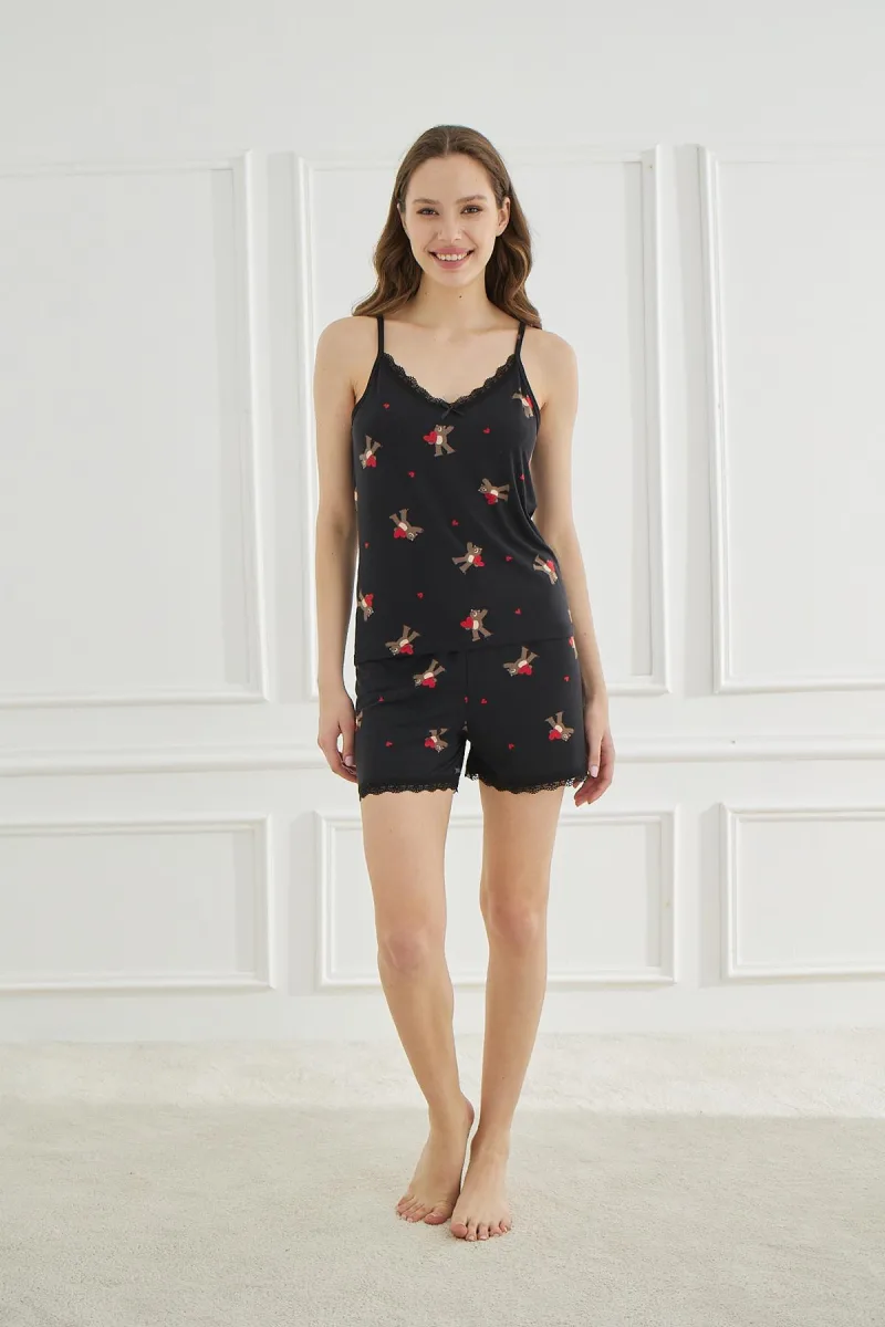 Kadın Kalpli Ayıcık Desen İp Askılı Şort Takım | Siyah 50115-1672