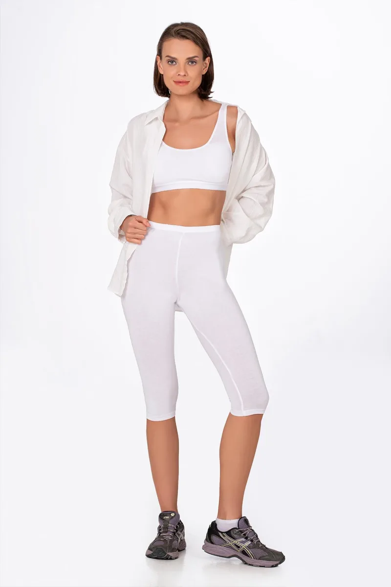 Kadın Likralı Süprem Düz Kapri Tayt | Beyaz K0458