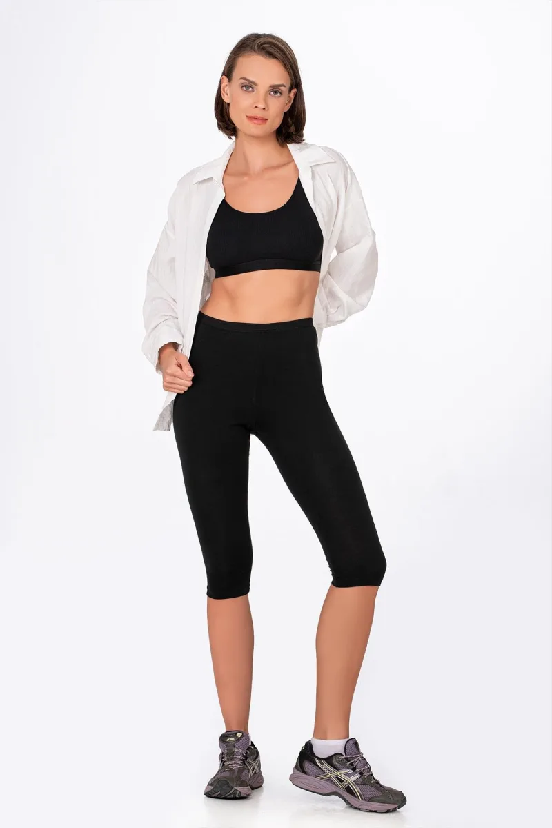 Kadın Likralı Süprem Düz Kapri Tayt | Siyah K0458