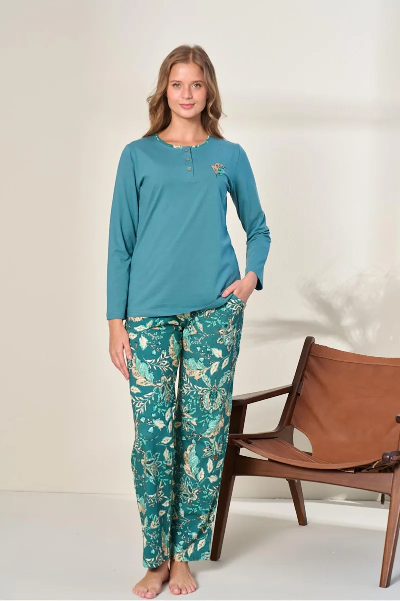 Kadın Likralı Süprem Önü Patlı Pijama Takımı | Petrol 3128