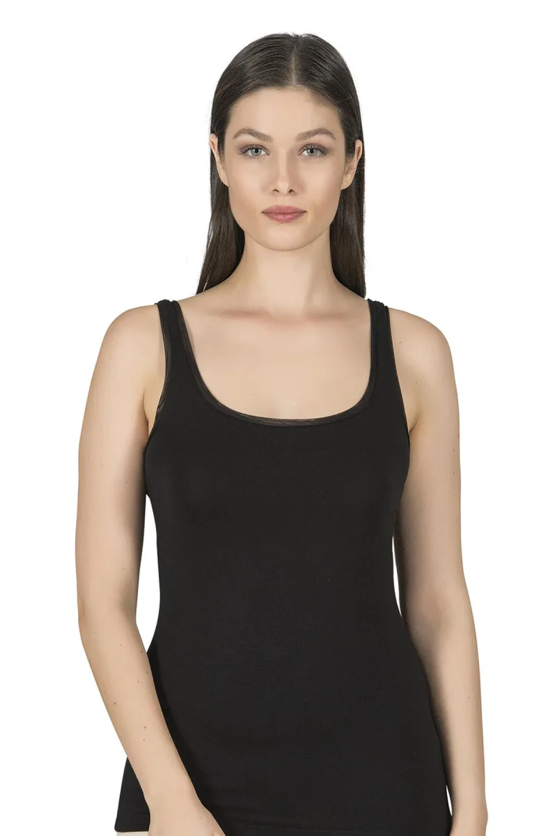 Kadın Likralı Tül Biyeli Pamuklu Modal Atlet | Siyah K25493