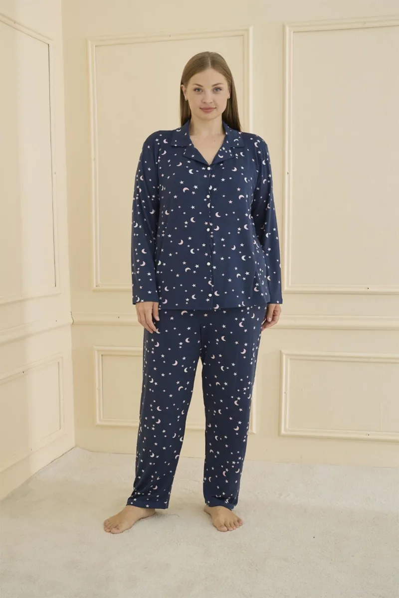 Kadın Milan Battal Önden Düğmeli Pijama Takım | Lacivert 0801-2515