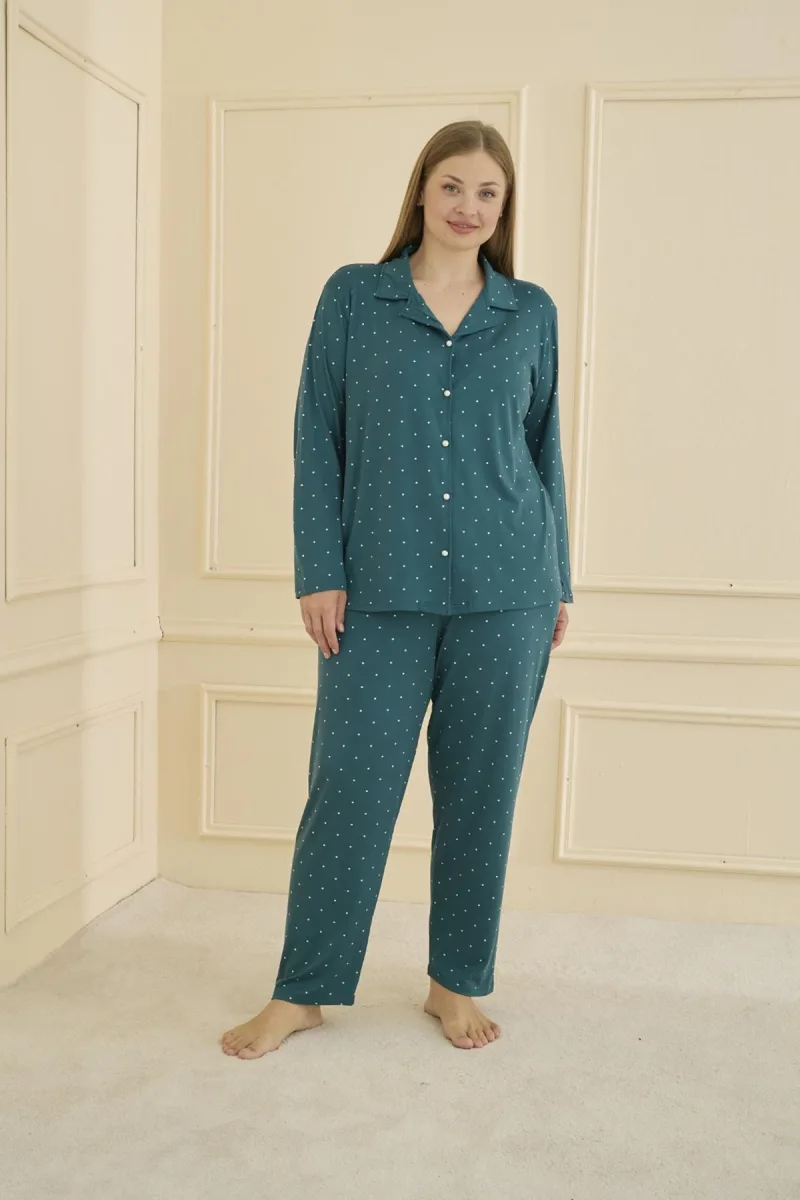 Kadın Milan Battal Önden Düğmeli Pijama Takım | Petrol 50801-1919