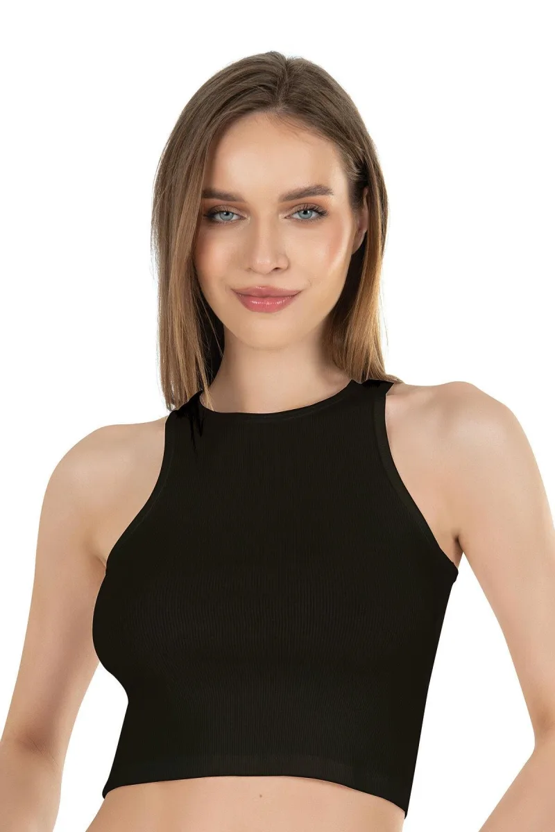 Kadın Pamuklu Crop Fitilli Örme Atlet | Siyah 26814