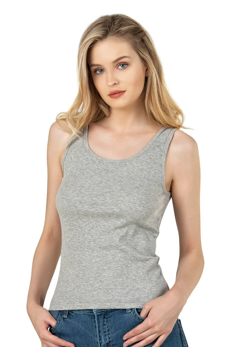 Kadın Pamuklu Fitilli Örme Kalın Askılı Atlet Gri Melanj