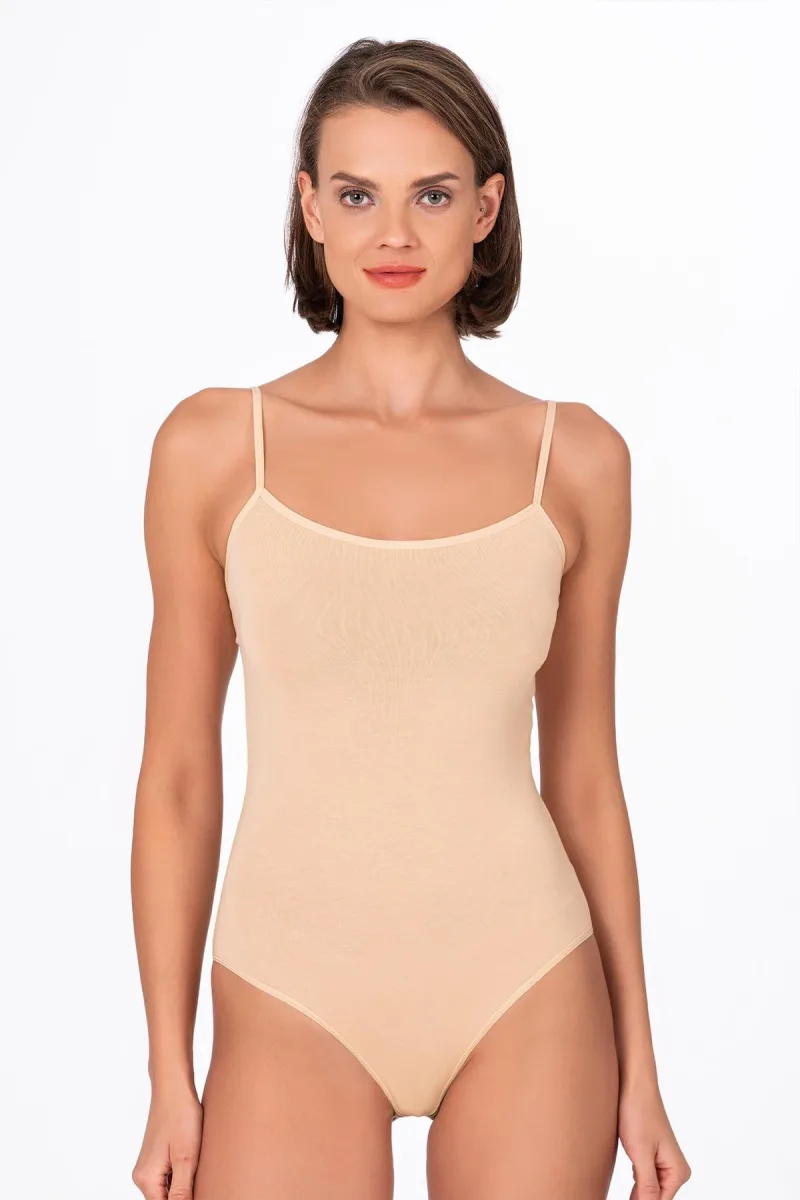 Kadın Pamuklu Likralı Süprem İnce Askılı Kancalı Çıtçıtlı Body Zıbın | Ten K0603