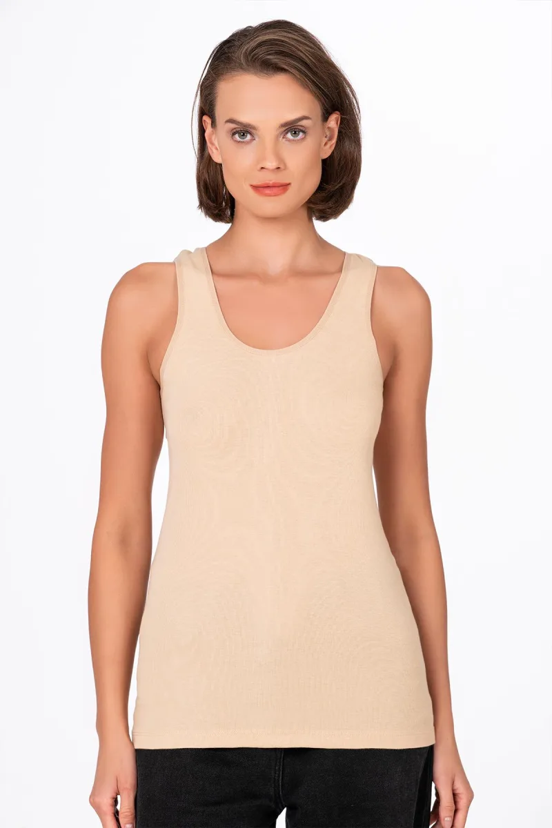 Kadın Pamuklu Ribana Esnek Biyeli Kalın Askılı Örme Atlet Ten