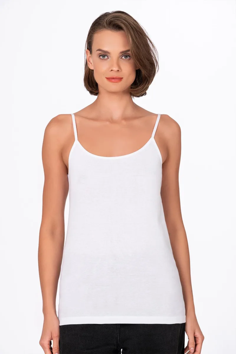 Kadın Pamuklu Ribana Esnek İp Askılı Örme Atlet | Beyaz K0107