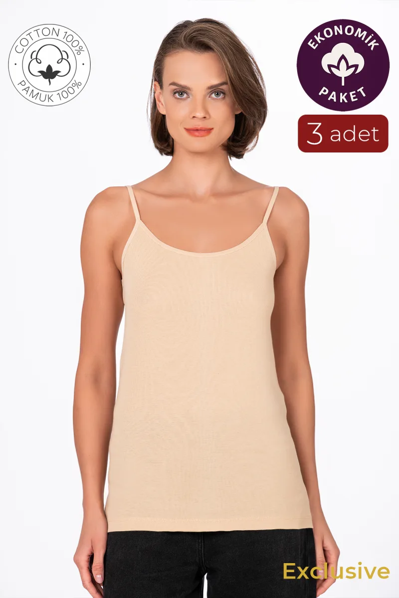 Kadın Pamuklu Ribana İp Askılı Klasik Atlet 3'lü Paket – Esnek & Rahat | Ten K0107