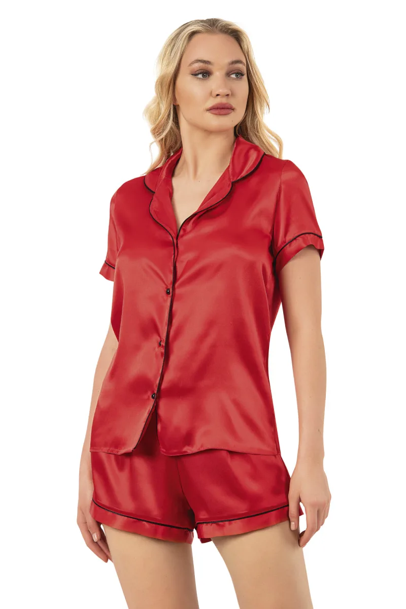 Kadın Saten Biyeli Kısa Kol Şortlu Pijama Takım | Kırmızı 7847