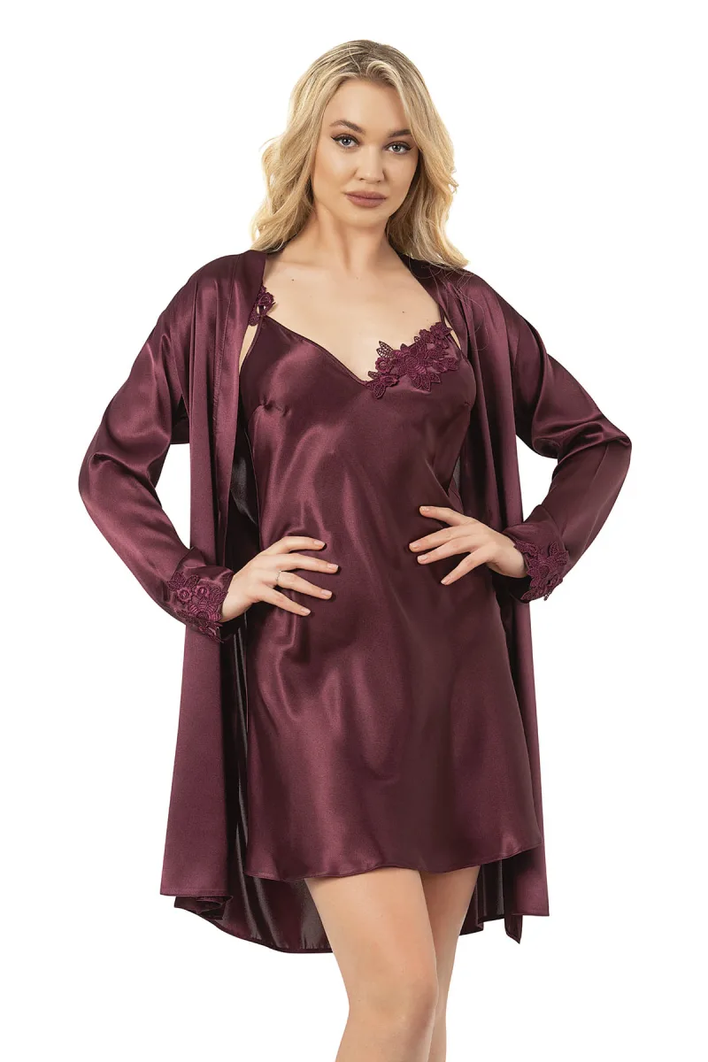 Kadın Saten Dantel Detay Mini Gecelik Sabahlık Takım | Mürdüm 7807