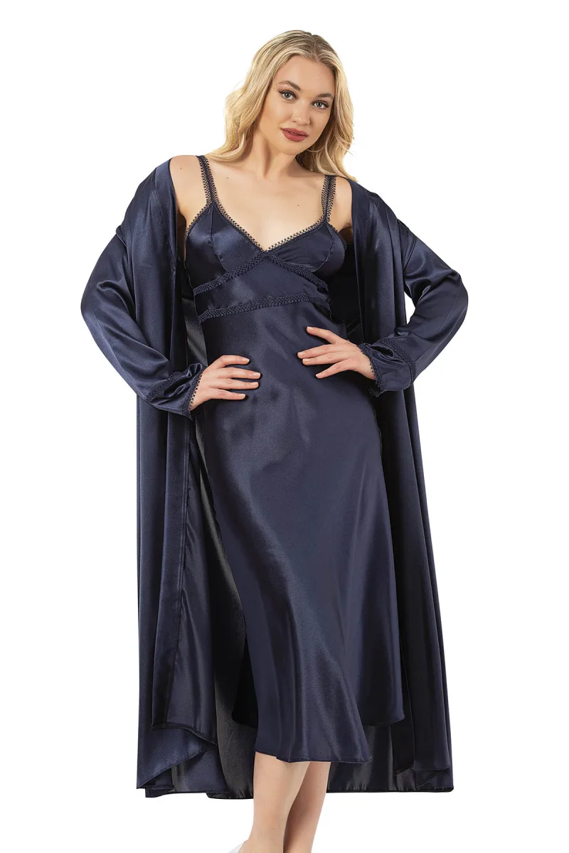 Kadın Saten Dantel Detaylı Midi Gecelik Sabahlık Takım | Lacivert 7833