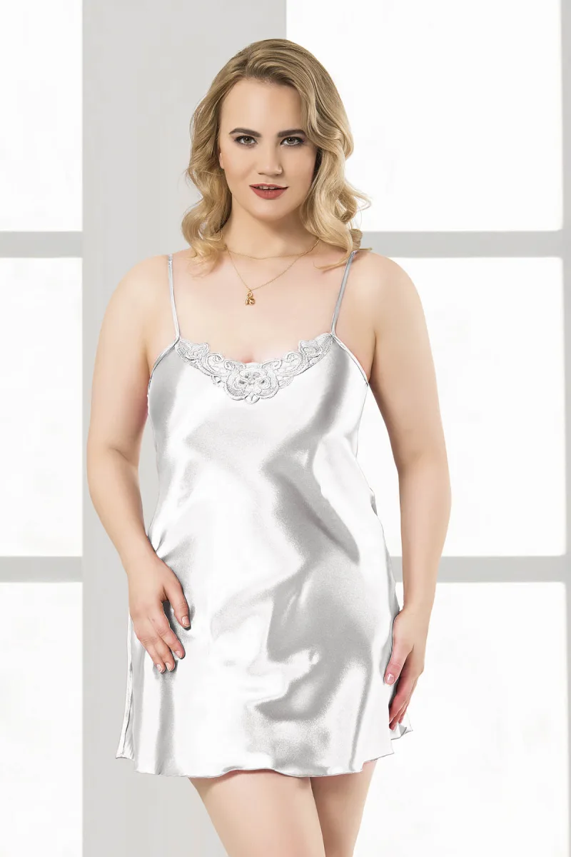Kadın Saten Dantel Yaka Büyük Beden Mini Gecelik | Beyaz 2022