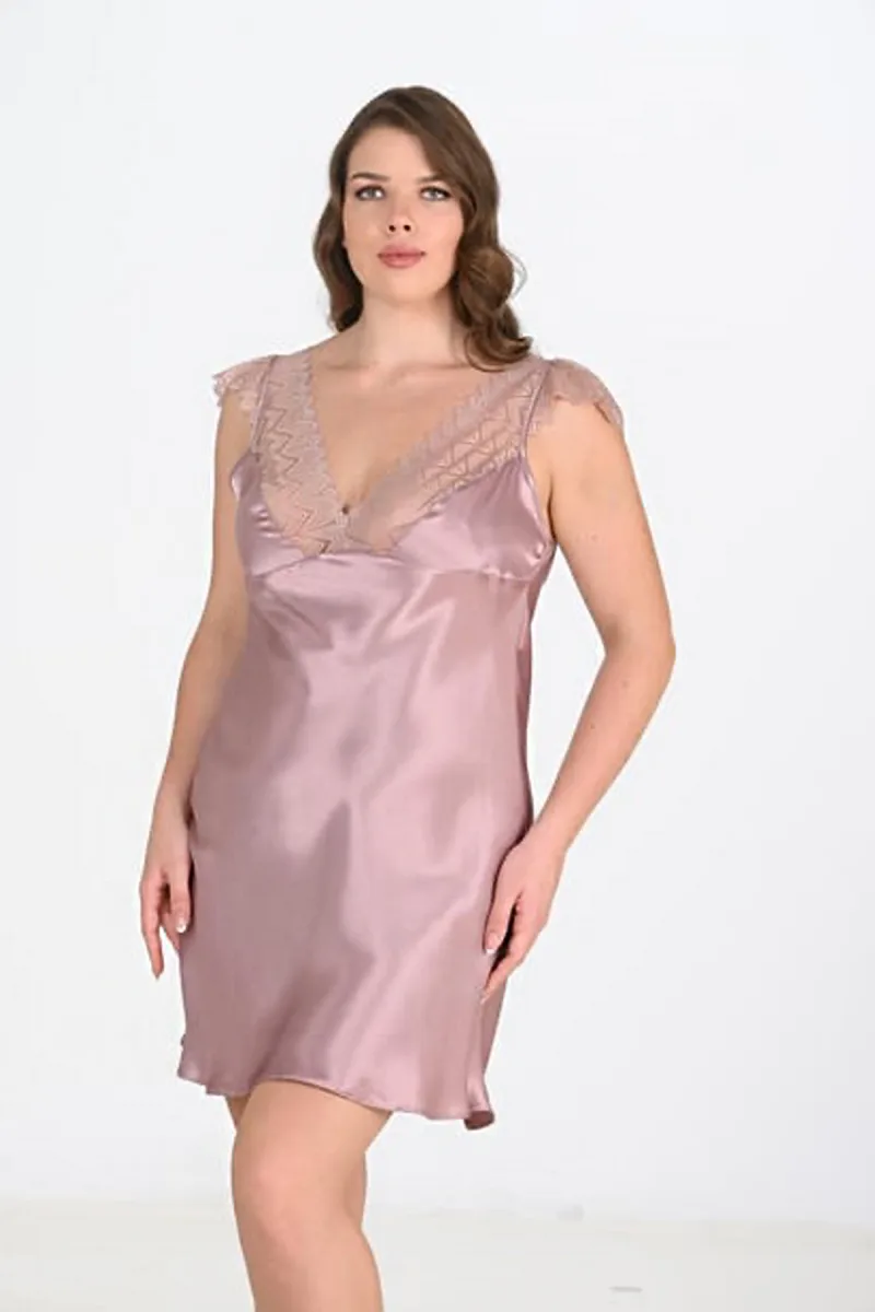 Kadın Saten Dantel Yaka Büyük Beden Mini Gecelik | Vizon 2106