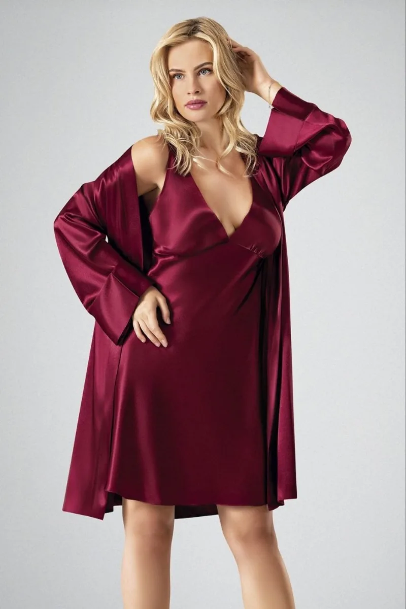 Kadın Saten Mini Gecelik Sabahlık Takım | Bordo 7707