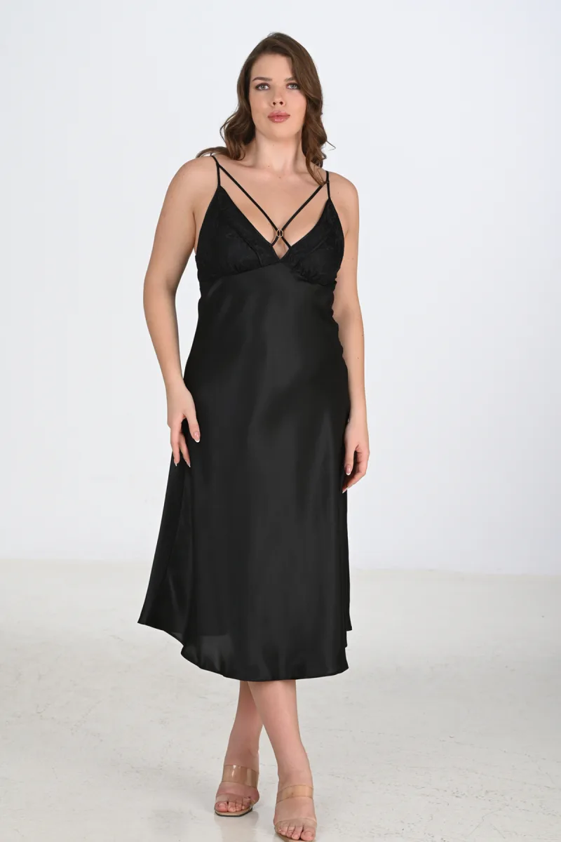 Kadın Saten Ön İp Detay Midi Gecelik | Siyah 2200