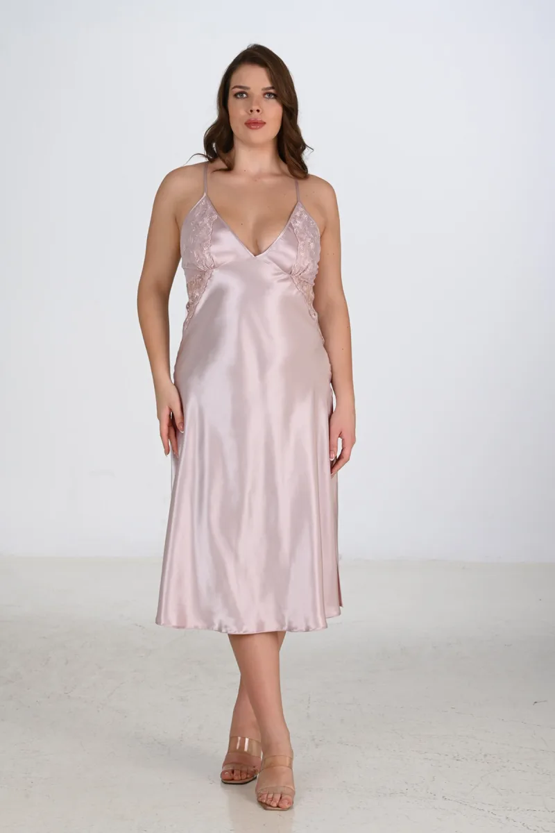Kadın Saten Yırtmaçlı Sırt Detay Büyük Beden Gecelik | Pudra 2201